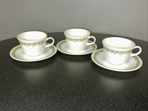 SET OF 3-CORELLE Crazy Daisy Spring Blossom Green CUPS & SAUCERS Free Shipping