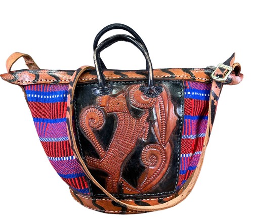 Vintage gewebte Leder afrikanische mexikanische Tragetasche Eimertasche Boho Wandteppich 10 x 17 x 8""