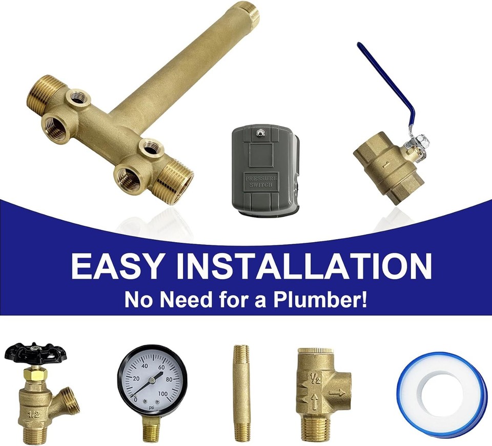 1"x 11"Well Pressure Tank Tee Kit with 40/60psi Pressure Switch, Brass