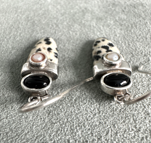 Modernist SAW. Dalmatian Jasper Black Onyx Pearl Earrings Sterling Silver - Picture 8 of 13