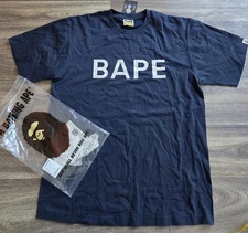 A Bathing Ape Bape Spellout  Logo T-Shirt Navy Blue Men's Size XL Authentic