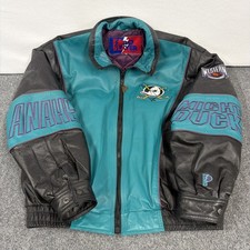 Vintage 90s Pro Player Anaheim Mighty Ducks NHL Full Leather Jacket Size XL ECU