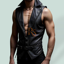 Men  s Genuine Lambskin Leather Vest Sleeveless Biker Waistcoat Belted Black
