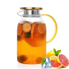 Ribbed Glass Pitcher With Lid and Spout, Glass Water Jugs With Handle, Water ...