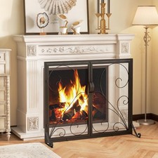 Double Freestanding Door Fireplace Screen Foldable Spark Guard Metal Mesh Fire
