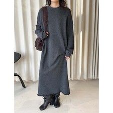 Spring New Women Korean Round Neck Knitted Fur Dress Wool Casual Slim Long Dress
