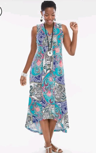 Chicos 3 Wedding Guest Dress Paisley Maxi Hi Low Beach Cruise Boho Hippie Resort