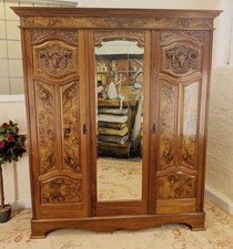 Large Edwardian Walnut & Burr Carved Double Wardrobe