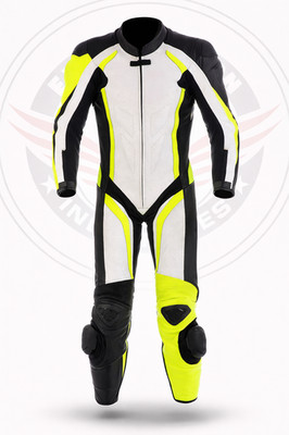 1PC Motorcycle Leather Racing Suit Black Neon Yellow CE Armor