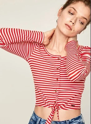 Pepe Jeans Rojo y Blanco Rayas Algodón Botón Corbata Top Recortado Talla M - Imagen 1 de 3