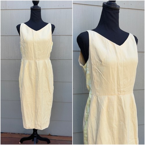 Guy Laroche, vtg GUY LAROCHE COUTURE 80s 90s Chic Yellow Linen Silk Trim Wiggle Sheath Dress