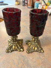 Red Geometric Mosaic Glass Votive Candle Holders Stained Glass Look Set of 2