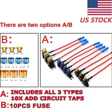 10pc 12V Car Add-a-Circuit Fuse Adapter w/ Standard & Mini Tap Blade Fuse Holder