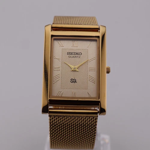Vintage Seiko Slim Quartz Gold Dial Men's Wrist Watch with Mesh Band