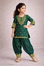 Tradition Girls Printed Rayon Kurta Patiala/Churidar Set for Kids Green
