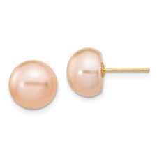 14k Yellow Gold 9-10mm Pink Button Freshwater Cultured Pearl Stud Earrings