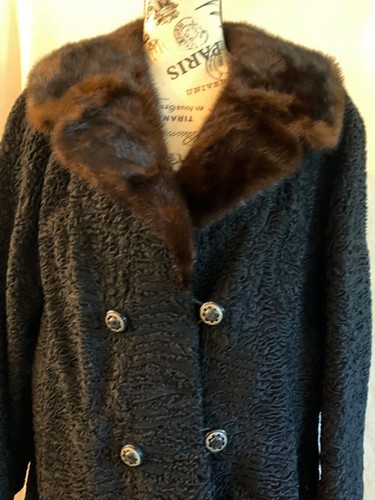 Vintage Label Black Persian Lamb Fur Brown Mink Collar Mid Length Coat Gorgeous! - Picture 3 of 5