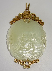 18/19C Chinese Nephrite Jade Heavenly Twin Plaque 14k Yellow Gold Pendant (FeO)9