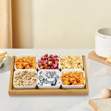 Ceramic Snack Serving Tray Set Square w/ Bamboo Lids & 6 Piece Platter