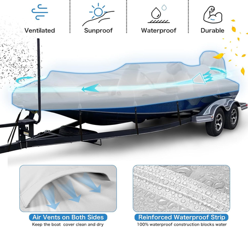 Waterproof 1200D PU Boat Cover with Motor Cover, 17-19' Marine Grade Heavy Duty - Picture 4 of 6