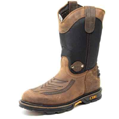CEBU HL100 Western Work Boots Mens Brown Leather Soft Toe Pull-on Durable Sole