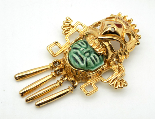 SALVADOR TEHRAN MARBEL GOLD CERAMIC BROOCH AZTEC Mayan Pink WARRIOR Pin Brooch - Picture 2 of 4