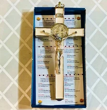 St. Benedict Crucifix Nickel Plated Wall Size - Enameled WHITE PEARL COLOR 8"