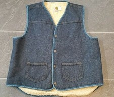 VTG CARHARTT DENIM SHERPA LINED VEST SZ XLT MADE IN USA WESTERN MOTORCYCLE