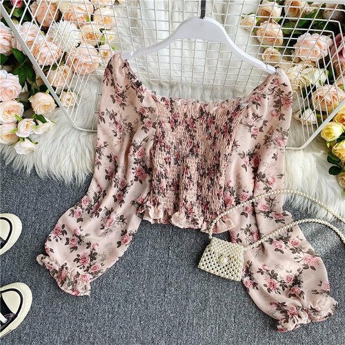 Short Chiffon Off-shoulder Shirt Floral Printed Tops Pleated Frill Ruffle Blouse - Picture 4 of 14