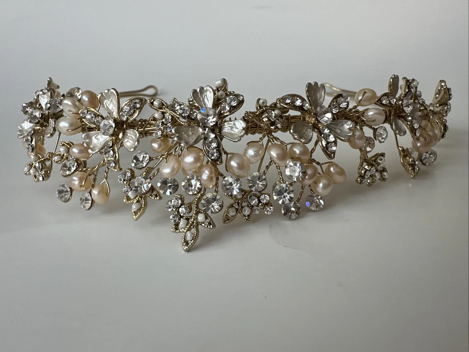 CLOSEOUT Price! Champagne Gold Freshwater Pearl Rhinestone Bridal Wedding Tiara - Image 4 of 4