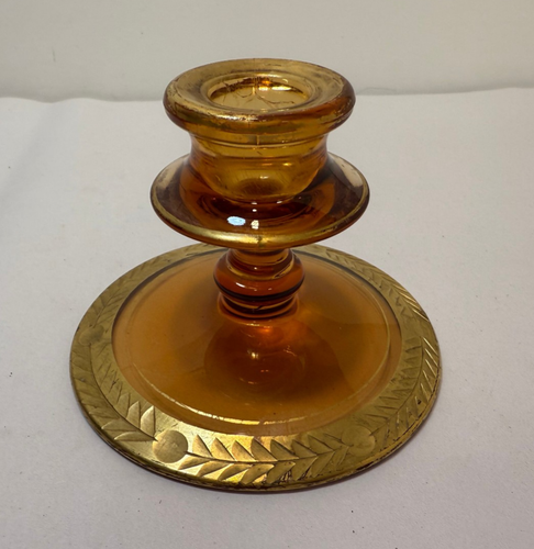 Set of Vintage Amber Glass Gold Rimmed 3" Candle Stick Holders - Picture 5 of 8