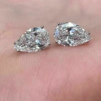 4Ct  Pear Shape Lab-Created White Diamond Studs VVS1 White Gold Finish
