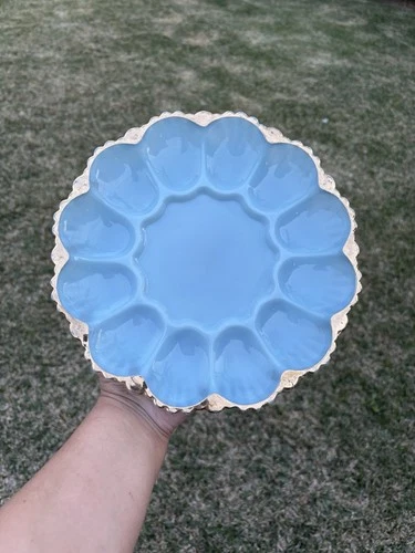 Vintage Anchor Hocking Delphite Blue Milk Glass With Gold Edge Deviled Egg Plate