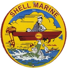 VINTAGE SHELL MARINE GASOLINE PORCELAIN SIGN GAS STATION PUMP PLATE MOTOR OIL