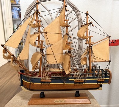 HMS Endeavour Wooden Ship Model Pre-Built Painted w/ Fabric Sails & Stand