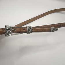 Brighton Leather Dress Belt Sz 34 Brown Textured Ornate Silver Tone Buckle