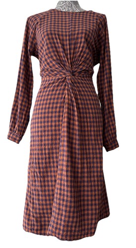 Vestido Occidental Natura Algodón Guinga Marrón Azul Corbata Cintura Manga Larga Talla L