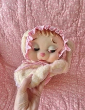 Vintage Rushton Star Creations Rubber Faced Pouting Bunny Yellow Rare 1960s