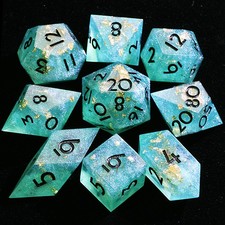 9 Polyhedral Resin Set DnD Dice Jade Gold Dust for Dungeons Dragons RPG
