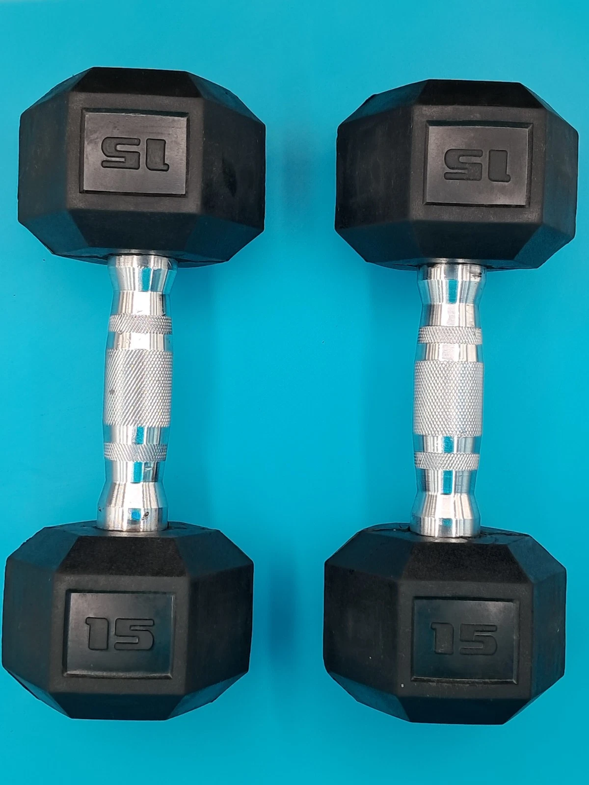 PAIR OF RUBBER COATED HEX DUMBELLS HAND WEIGHT 15LB (30LB TOTAL) NEW OPEN BOX