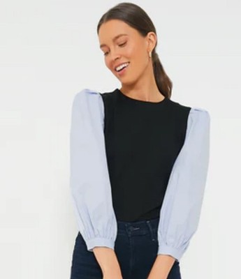 TUCKERNUCK Mixed Media Gracia Top sz S Navy Black Body / Light Blue Sleeves