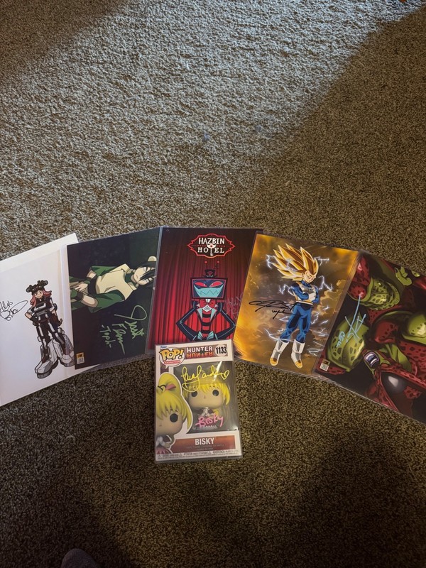 hunter x hunter, dragon ball, my hero academia, hazbin hotel signed funko prints