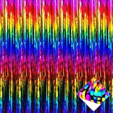 4 Pack 3.2Ft x 8.2Ft Rainbow Foil Fringe Curtain Backdrop Metallic Tinsel