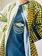 90s Versace Couture Runway Black and Yellow Houndstooth Wool Boucle Tweed Coat