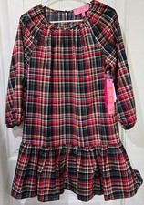 LDT Rachel Plaid Round Neck 3/4 Puff Sleeve Ruffled Poof Swing Dress Size 8- NWT