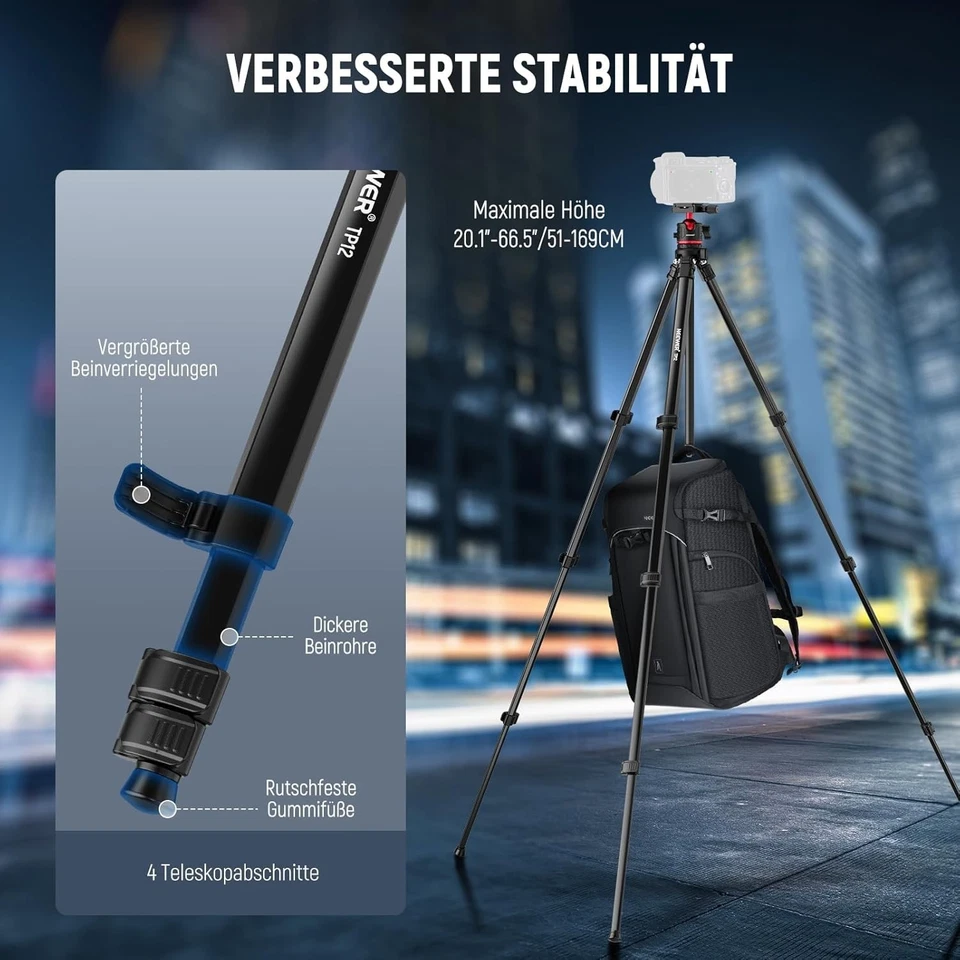 Neewer Basics 169cm Travel Tripod with Ball Head & Phone Holder, TP12 - Image 3 of 4