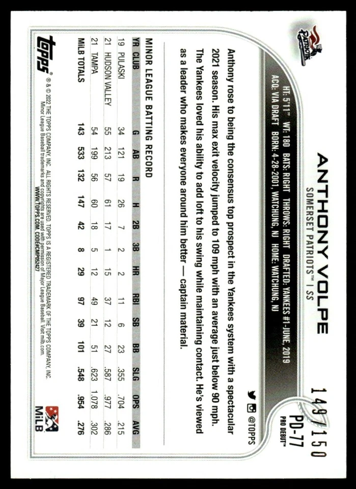 2022 Topps Pro Debut Blue Anthony Volpe Auto 149/150 Somerset Patriots #PD-77 - Image 2 of 2