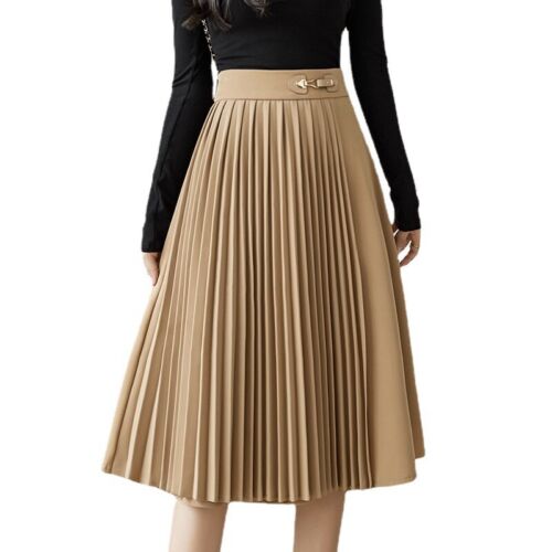Lady Pleated Skirt Midi High Waist Zip A-line Casual French Black Asymmetric - Picture 4 of 14