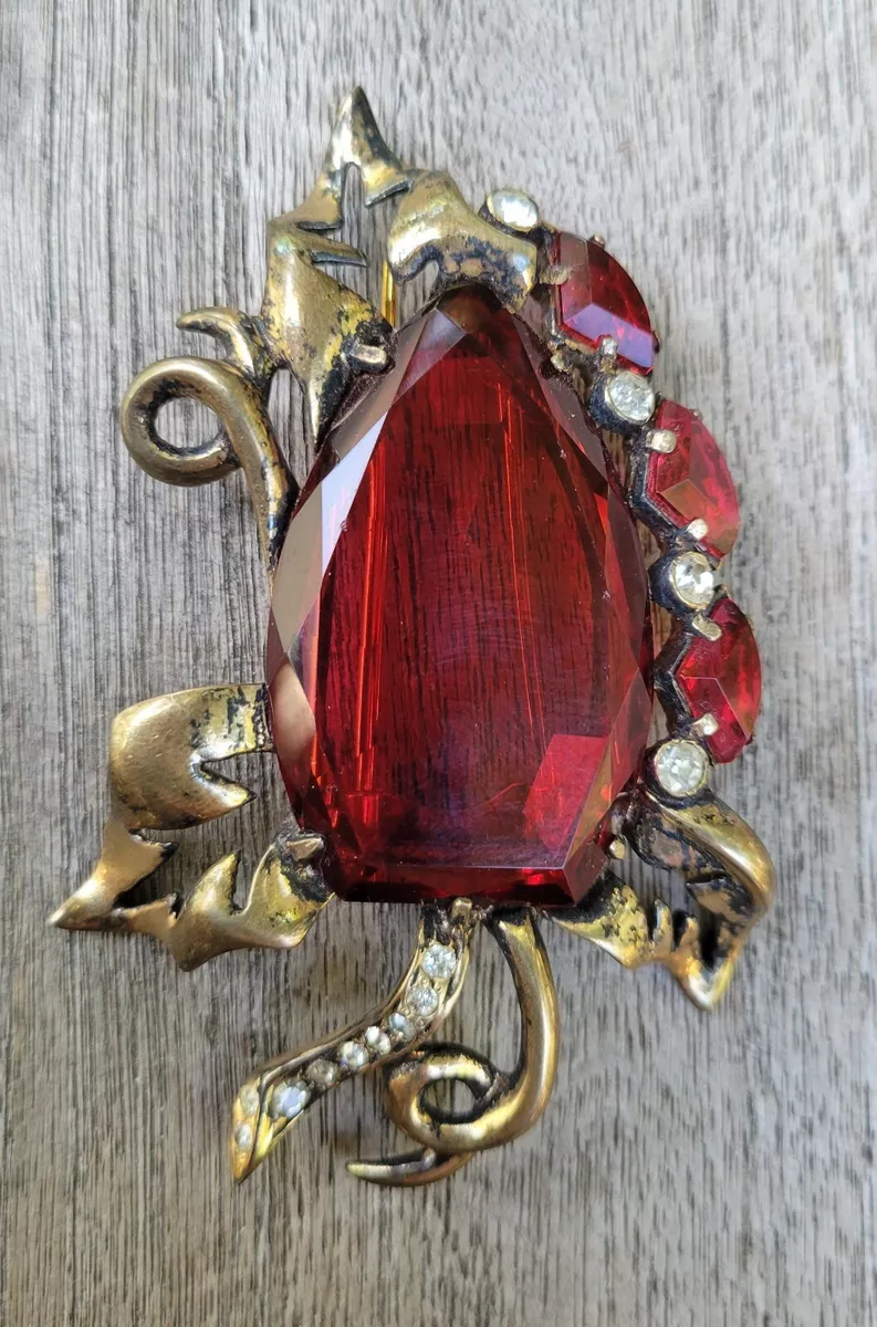 Eisenberg Original Sterling Gold Clr Red Rhinestones Flower Pin