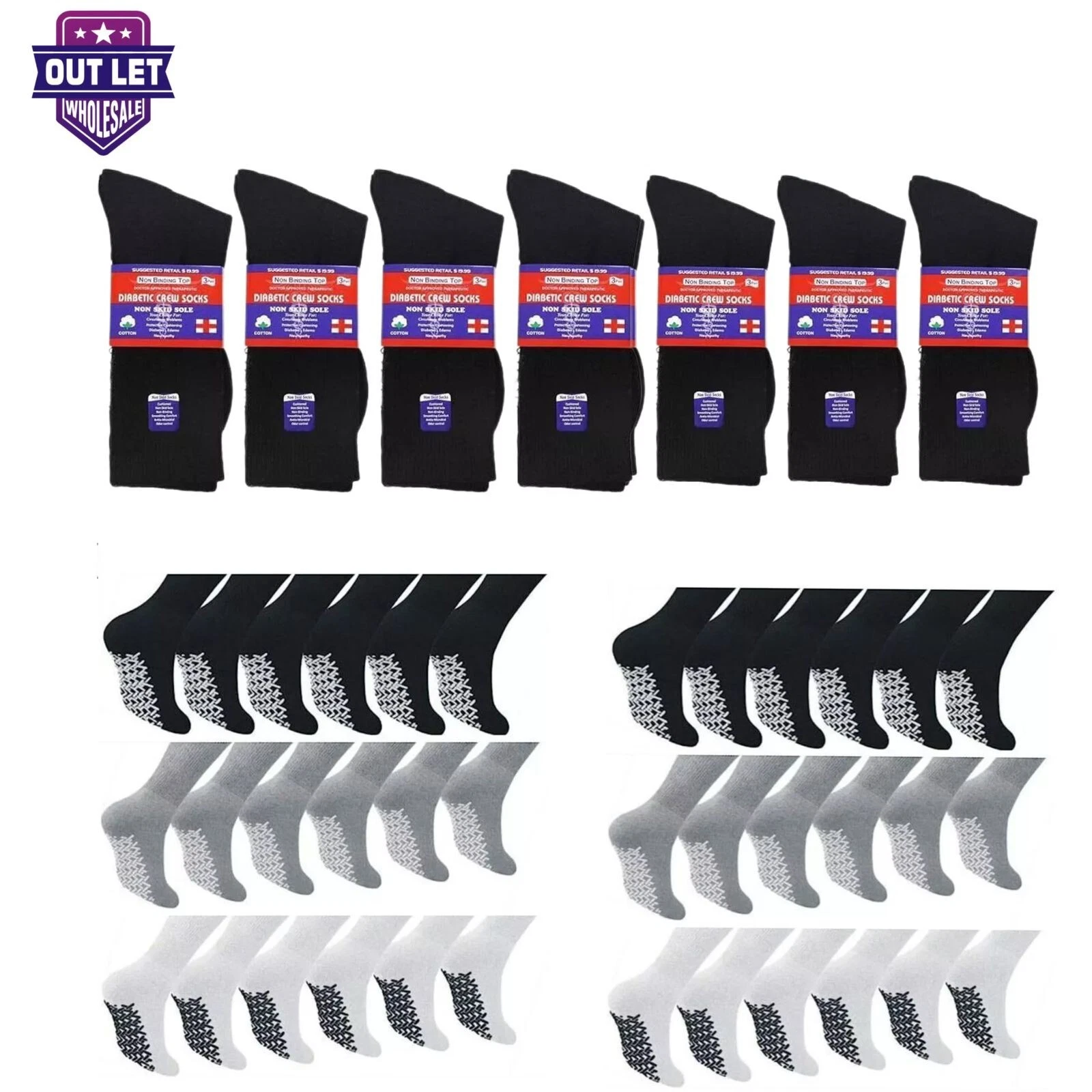 Wholesale Bulk Men's Non Skid Diabetic Gripper Crew Socks Loose Fit Non Binding
